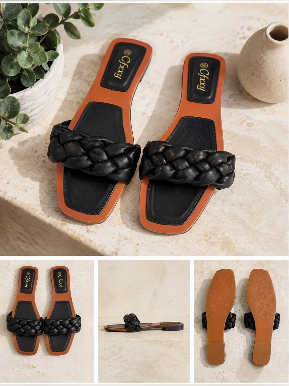 Chic Black Sandals with Quilted Braided Strap